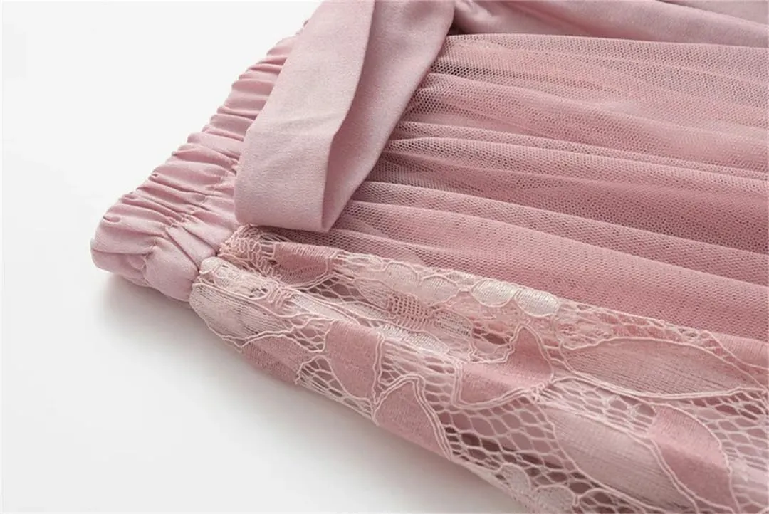 Women's Lace Embroidered Mesh Skirt Street Elastic Waist A-Line Embroidered Lace-Up Midi Skirts