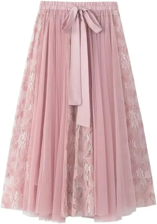 Women's Lace Embroidered Mesh Skirt Street Elastic Waist A-Line Embroidered Lace-Up Midi Skirts