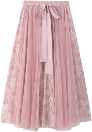 Women's Lace Embroidered Mesh Skirt Street Elastic Waist A-Line Embroidered Lace-Up Midi Skirts