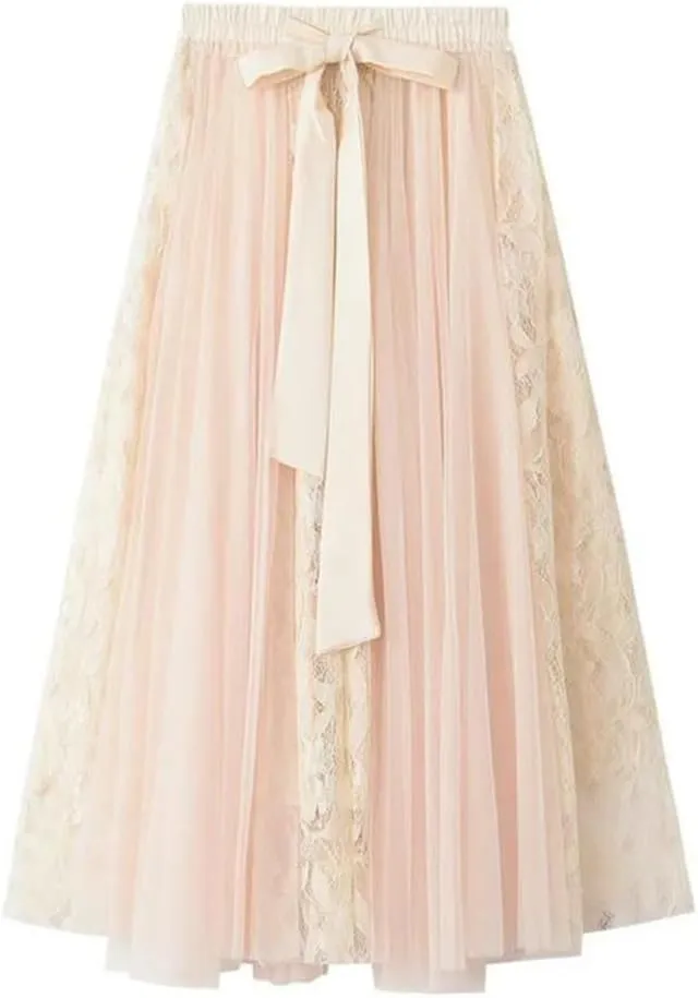 Women's Lace Embroidered Mesh Skirt Street Elastic Waist A-Line Embroidered Lace-Up Midi Skirts