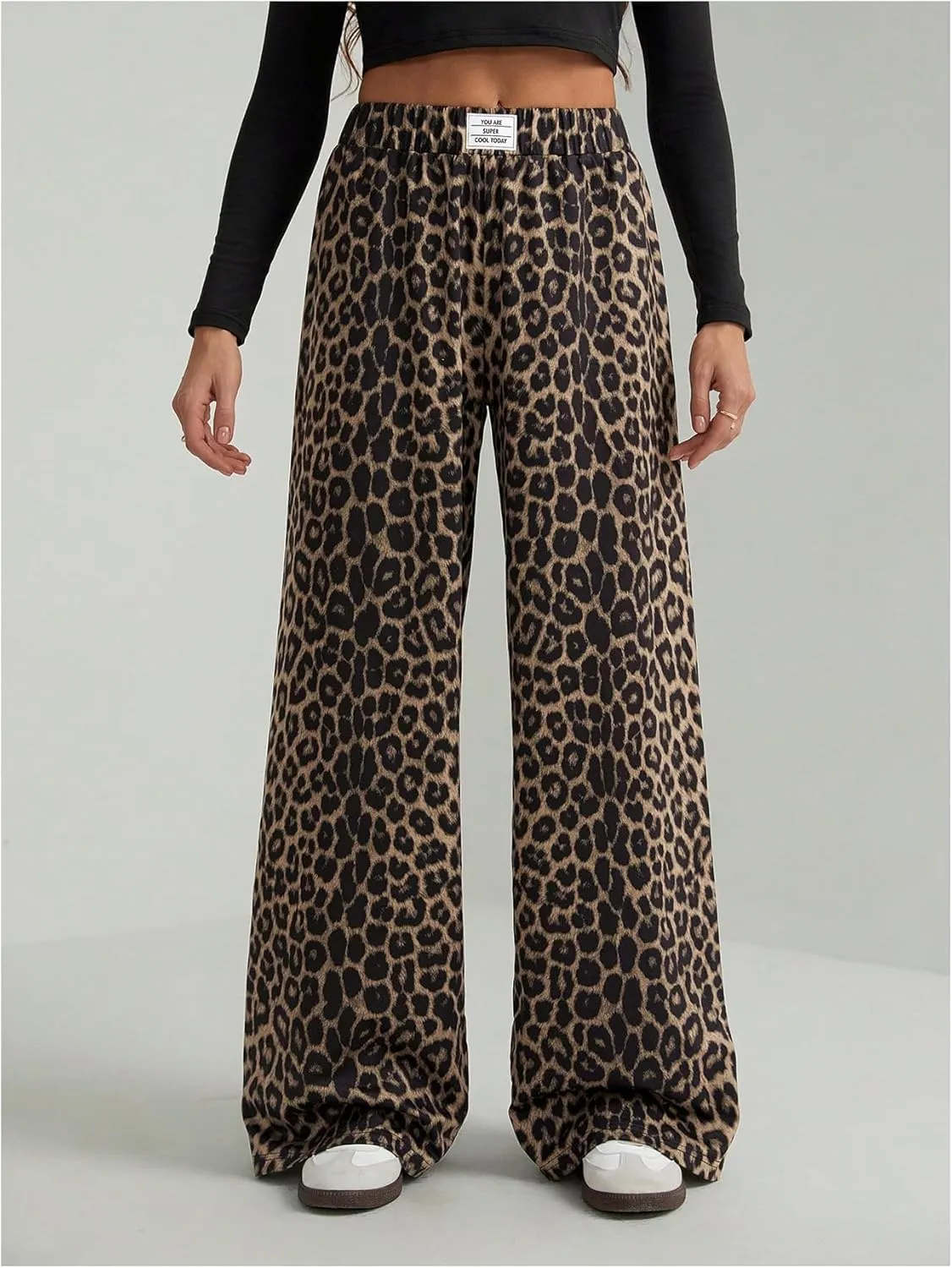 Women's Leopard Print Wide Leg Pants Patched Elastic Waist Casual Loose Trousers