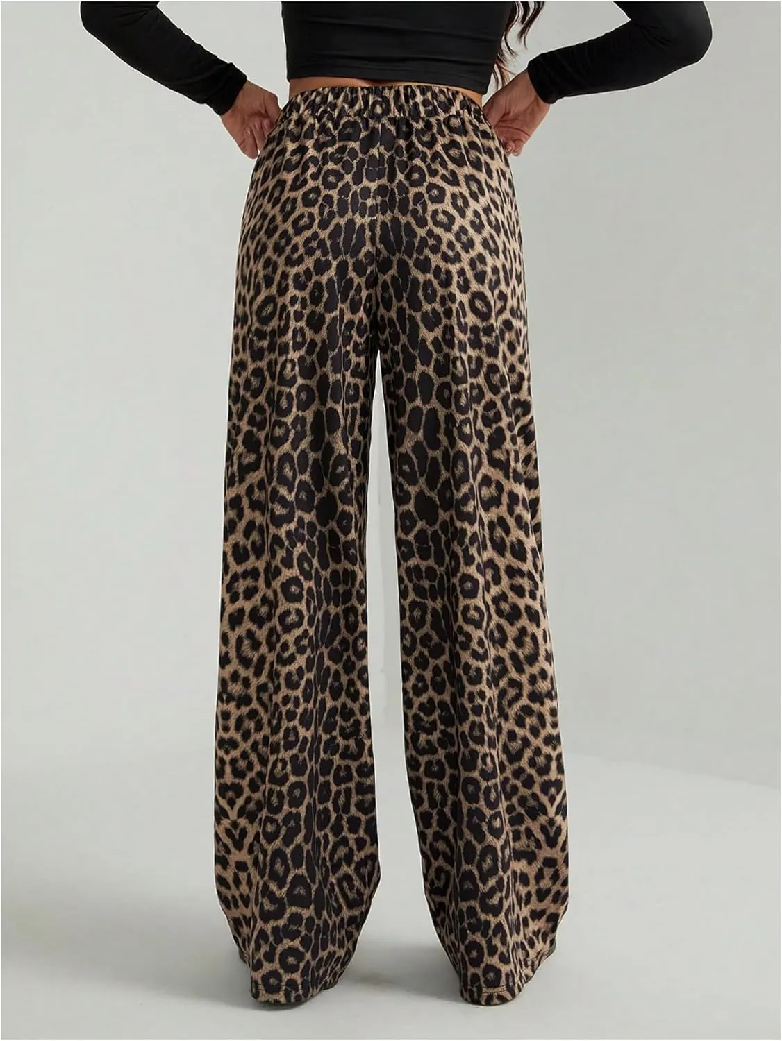 Women's Leopard Print Wide Leg Pants Patched Elastic Waist Casual Loose Trousers