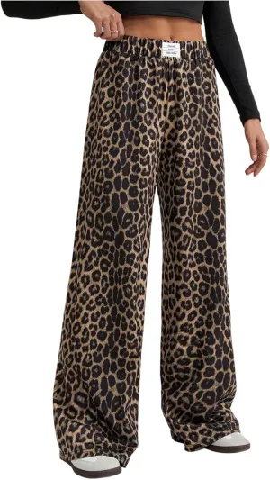 Women's Leopard Print Wide Leg Pants Patched Elastic Waist Casual Loose Trousers