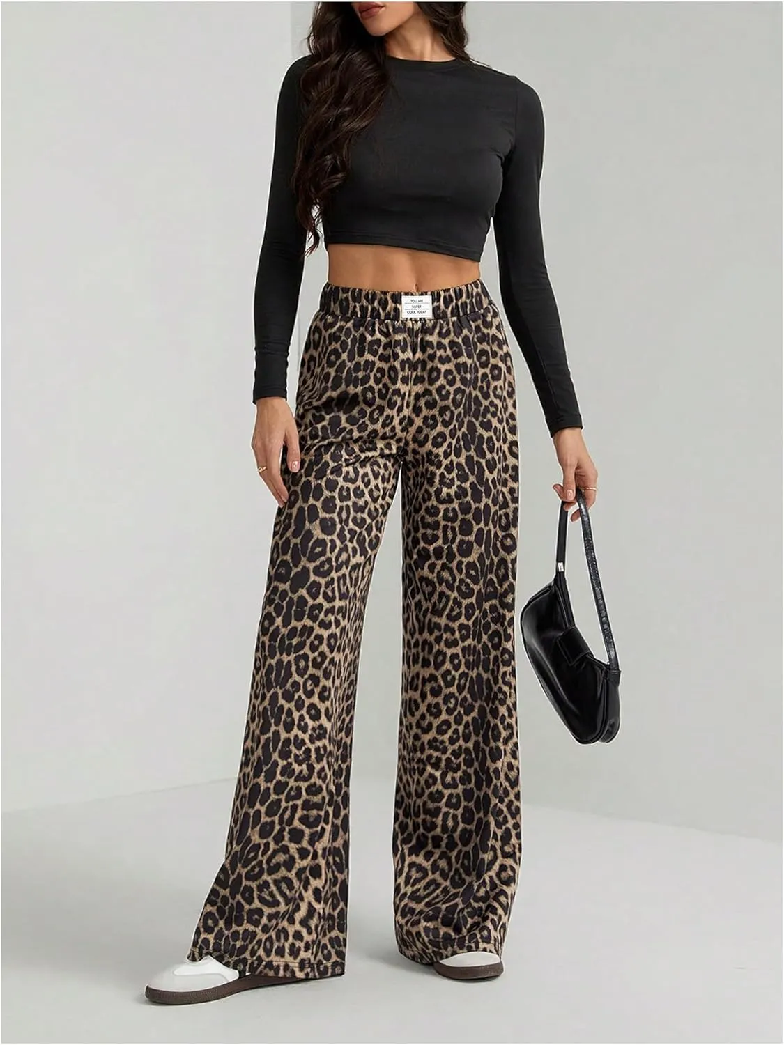 Women's Leopard Print Wide Leg Pants Patched Elastic Waist Casual Loose Trousers