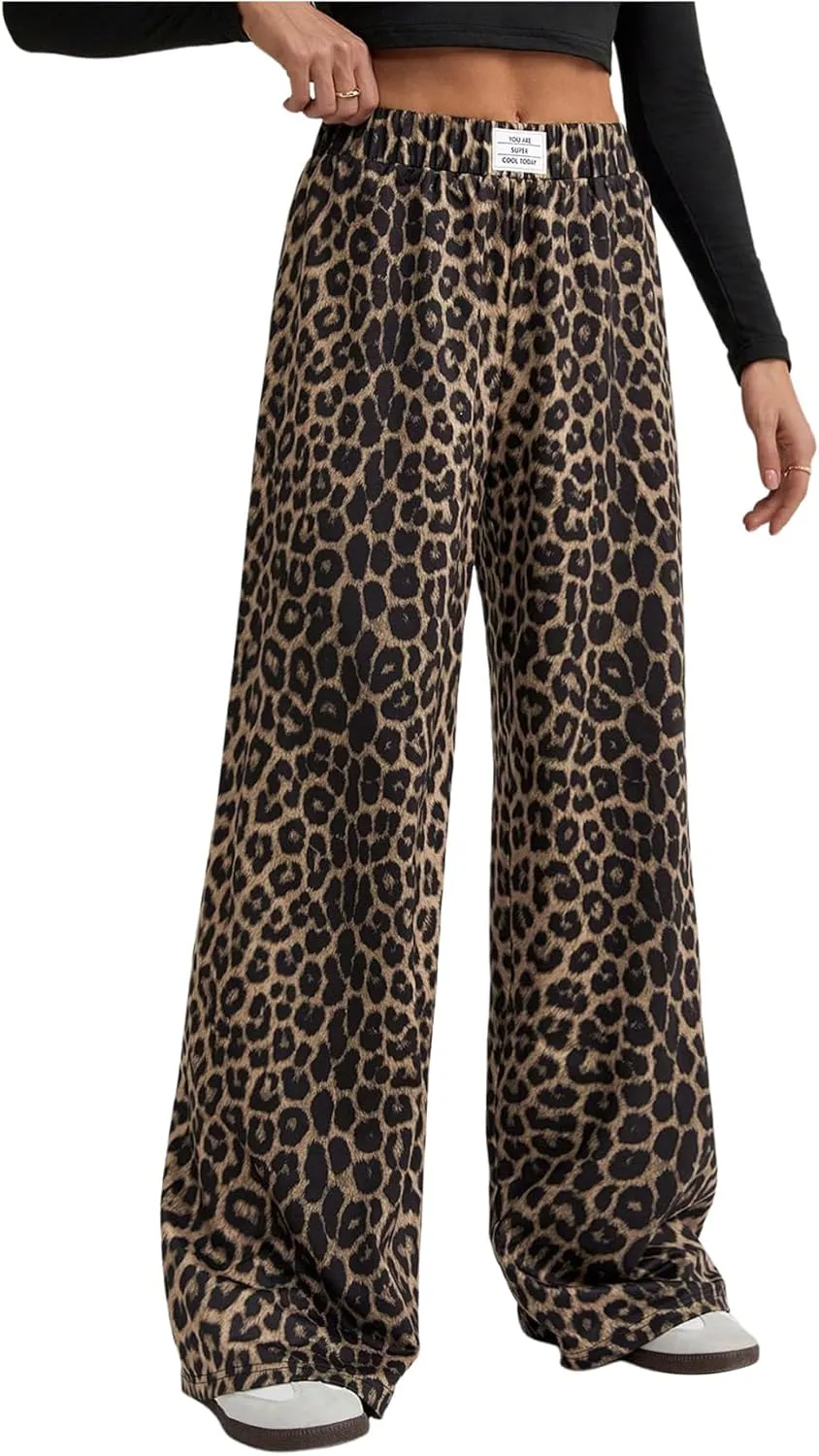 Women's Leopard Print Wide Leg Pants Patched Elastic Waist Casual Loose Trousers