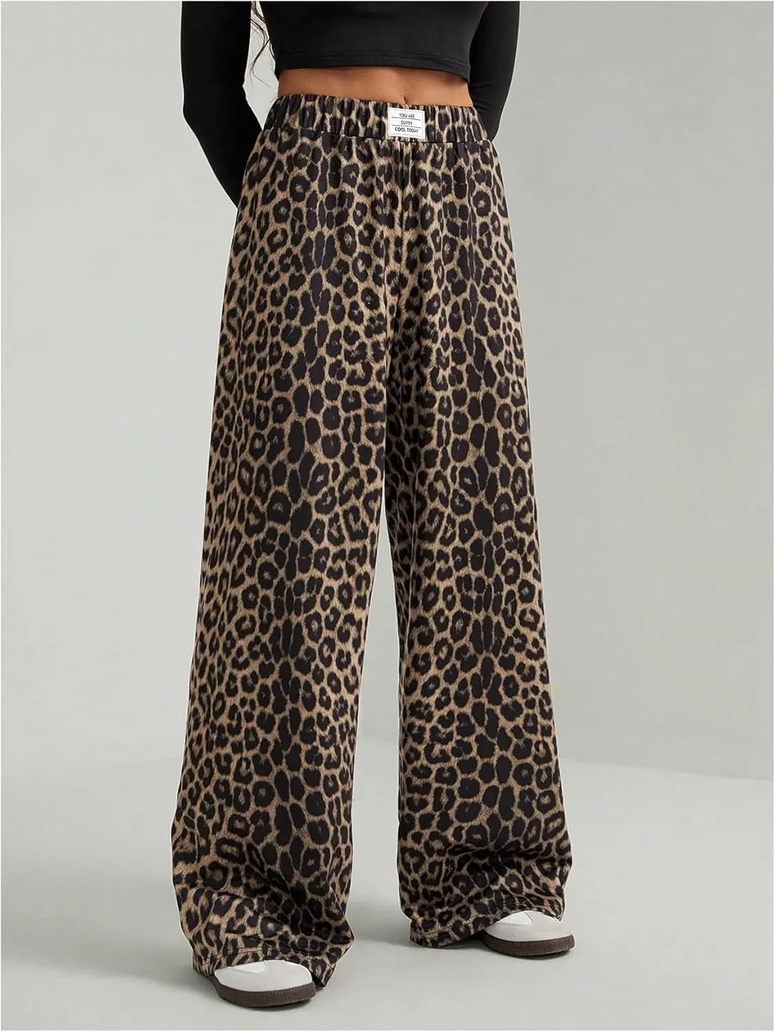 Women's Leopard Print Wide Leg Pants Patched Elastic Waist Casual Loose Trousers