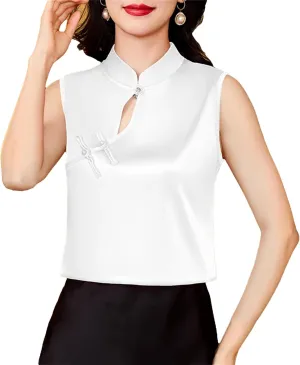 Women's Lightweight Sleeveless Satin Blouse Mandarin Collar Tank Top with Hollow Breathable Summer Camisole