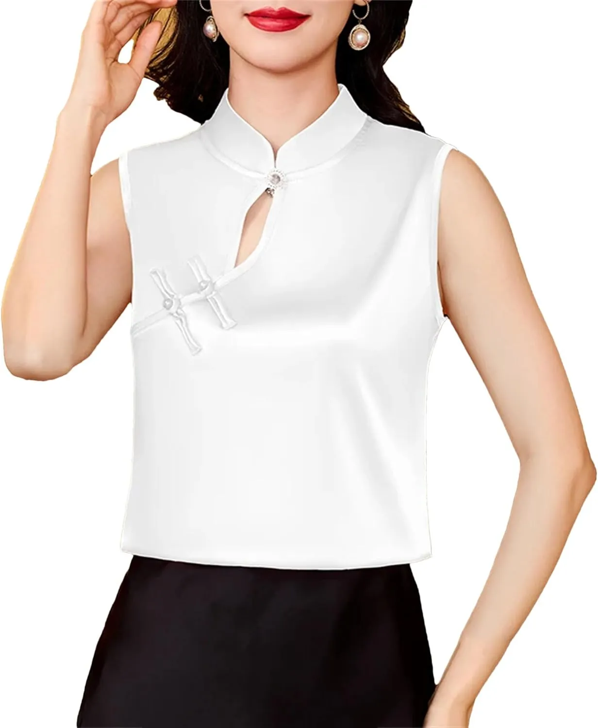 Women's Lightweight Sleeveless Satin Blouse Mandarin Collar Tank Top with Hollow Breathable Summer Camisole