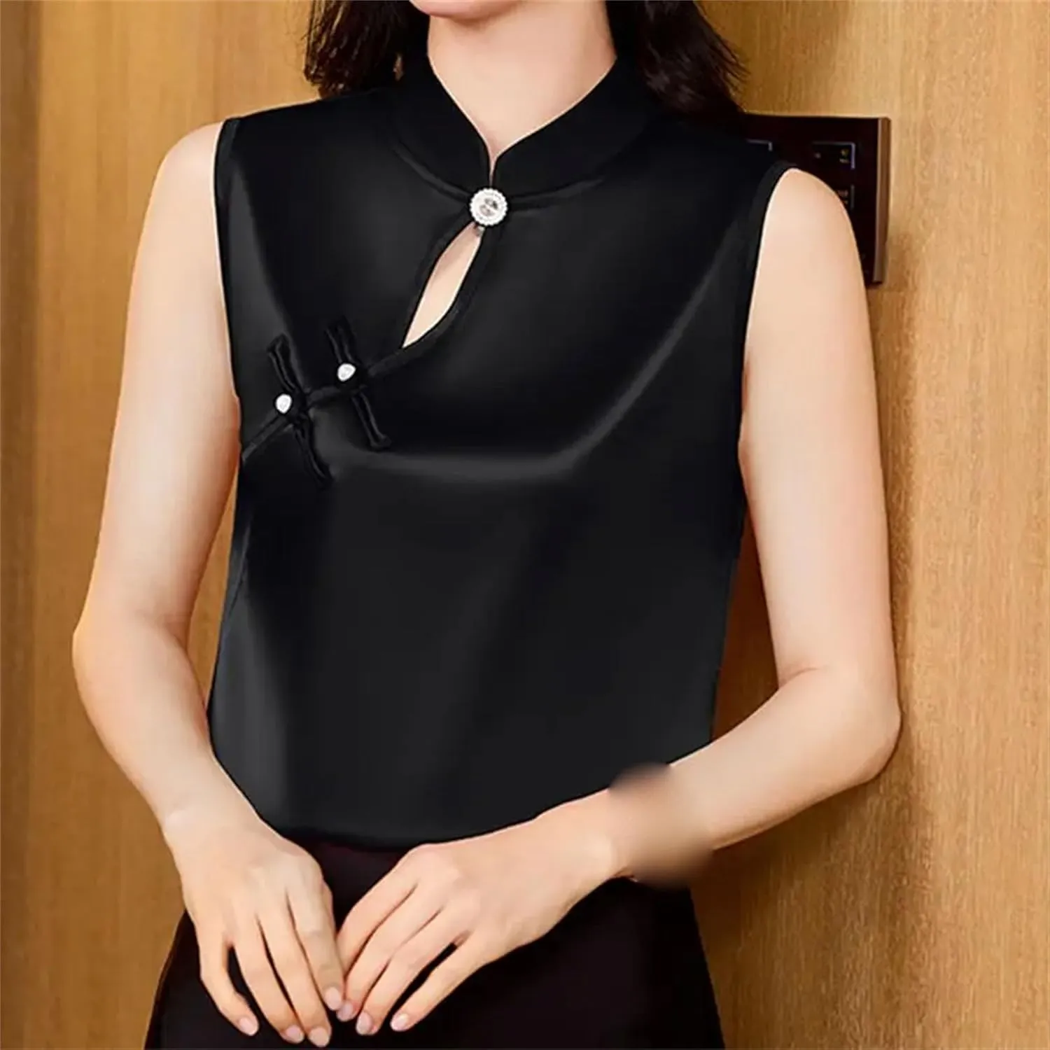 Women's Lightweight Sleeveless Satin Blouse Mandarin Collar Tank Top with Hollow Breathable Summer Camisole