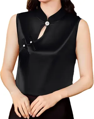 Women's Lightweight Sleeveless Satin Blouse Mandarin Collar Tank Top with Hollow Breathable Summer Camisole