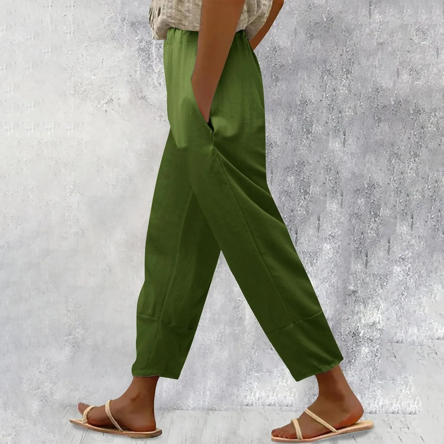 Womens Linen Blend Summer Baggy Pants Elastic Waist Stretchy Straight Plus Size Pant Trousers Beach