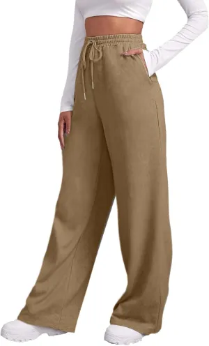 Womens Linen Blend Summer Boho Palazzo Lounge Pants Elastic Waist Baggy Stretchy Slim Fit Pants Travel