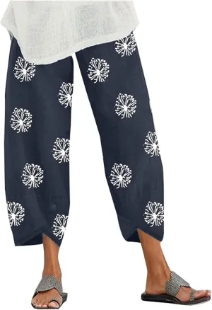 Womens Linen Pants Casual Dandelion Print Elastic Waist Sweatpants Capris Boho Wide Leg Palazzo Cropped Trousers with Pockets