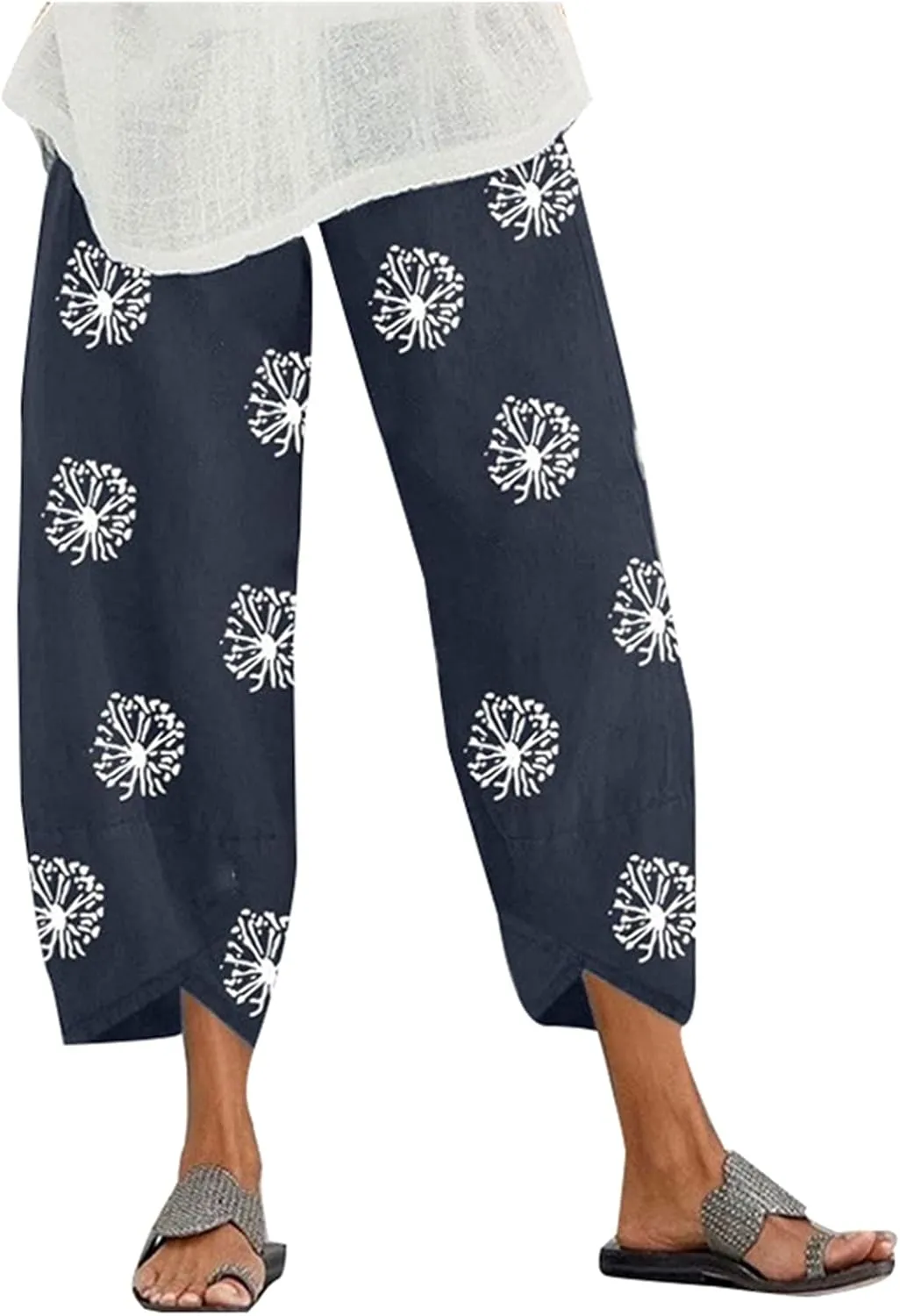 Womens Linen Pants Casual Dandelion Print Elastic Waist Sweatpants Capris Boho Wide Leg Palazzo Cropped Trousers with Pockets