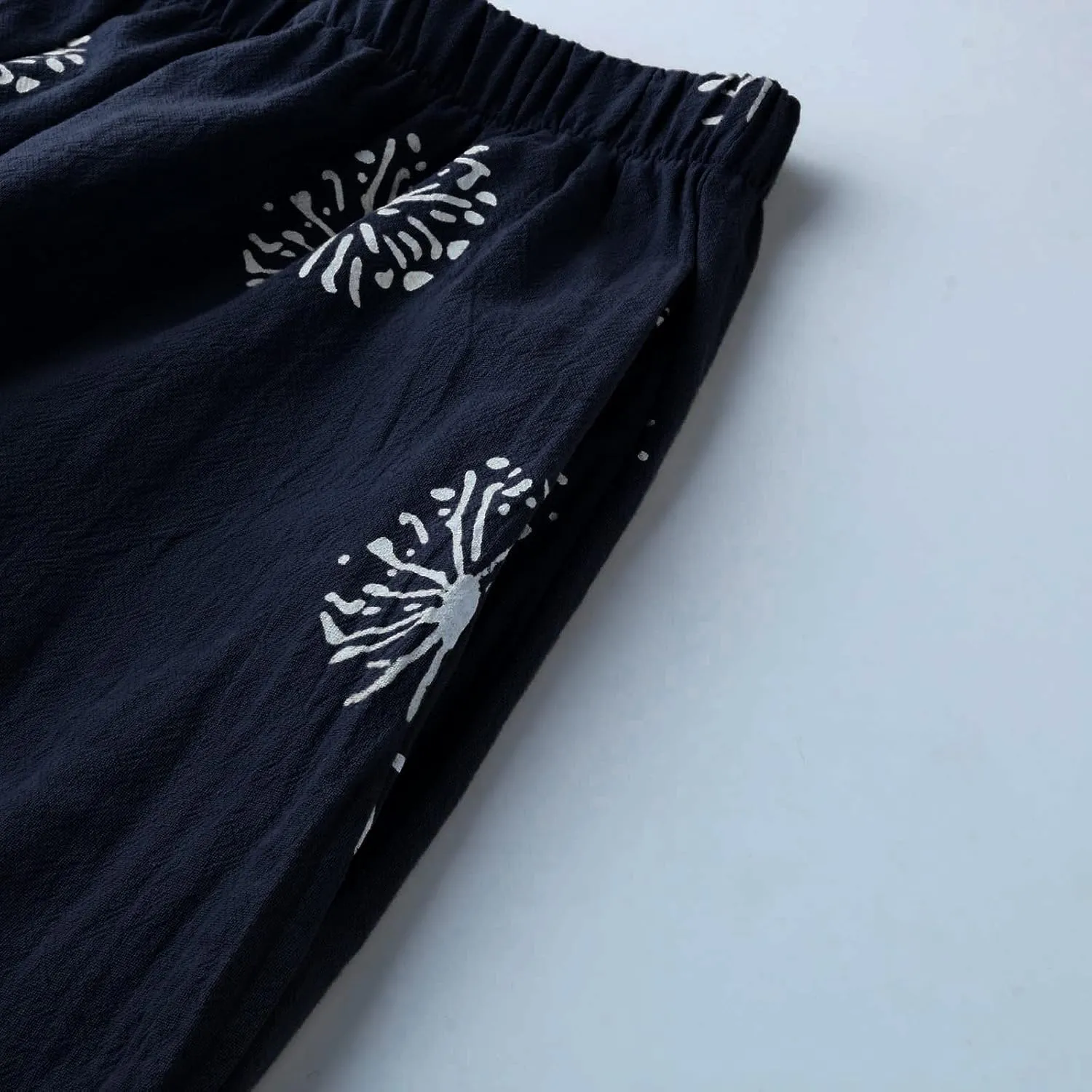 Womens Linen Pants Casual Dandelion Print Elastic Waist Sweatpants Capris Boho Wide Leg Palazzo Cropped Trousers with Pockets