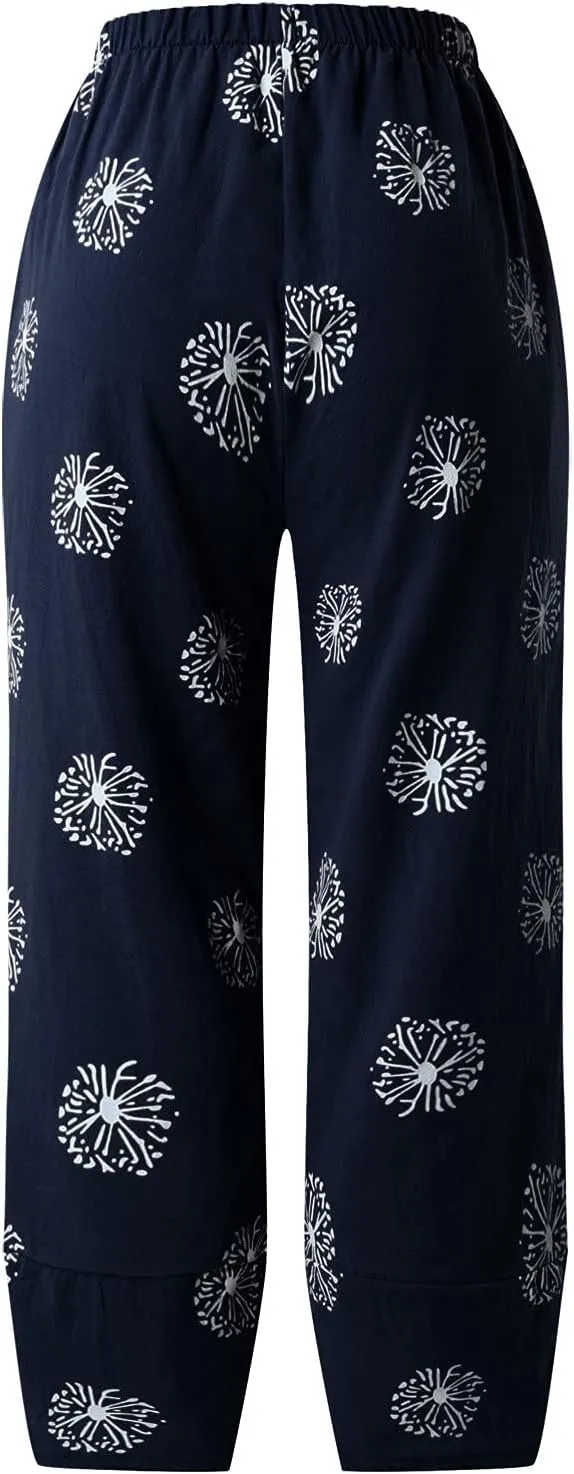 Womens Linen Pants Casual Dandelion Print Elastic Waist Sweatpants Capris Boho Wide Leg Palazzo Cropped Trousers with Pockets