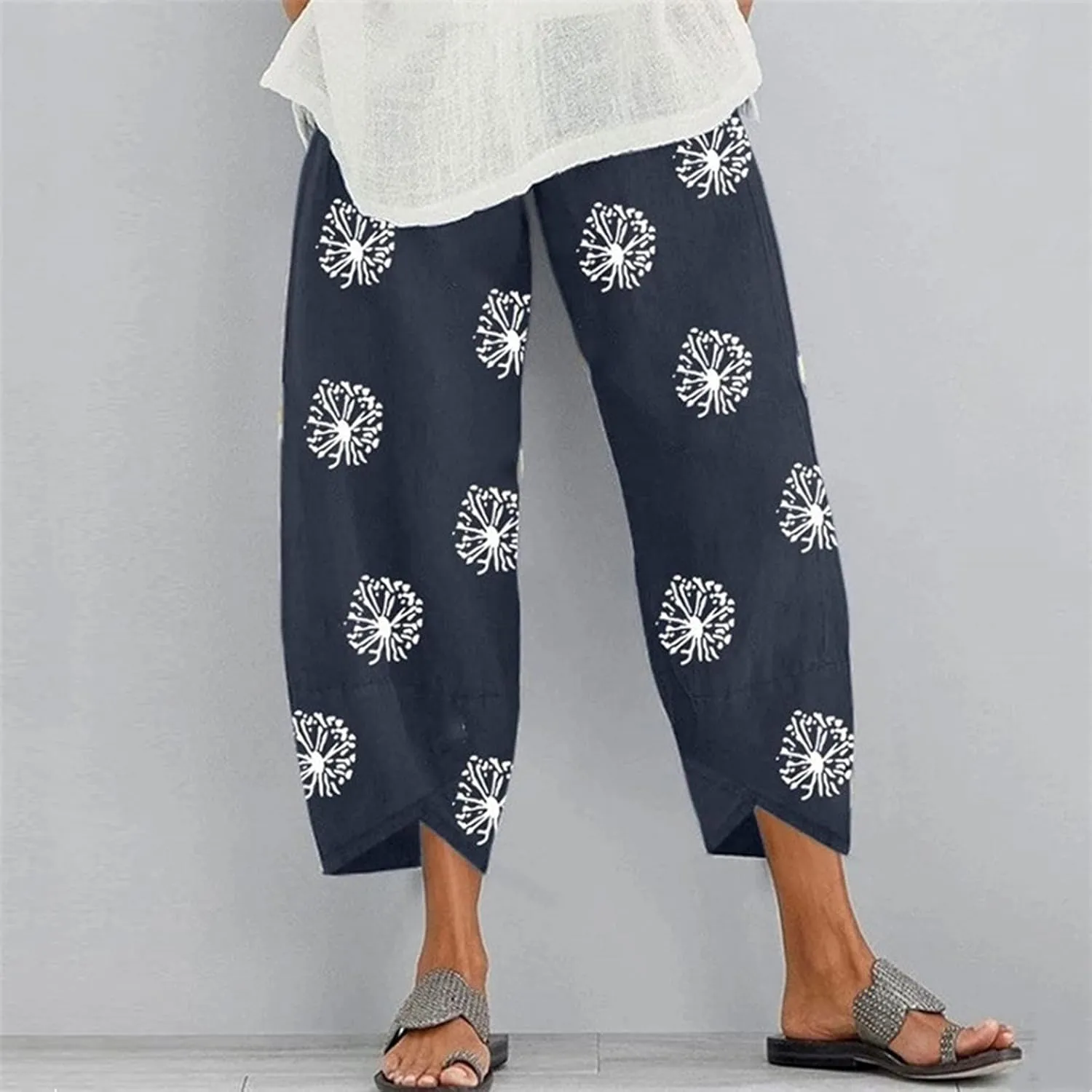 Womens Linen Pants Casual Dandelion Print Elastic Waist Sweatpants Capris Boho Wide Leg Palazzo Cropped Trousers with Pockets