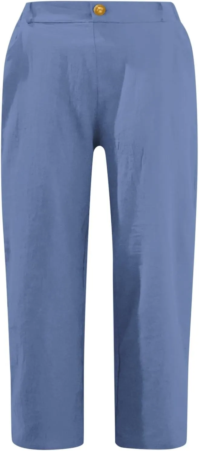 Womens Linen Pants Casual Loose High Waist Summer Beach Travel Vacation Harem Trousers Capri Cropped with Pockets