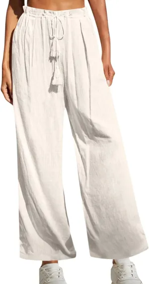 Women's Linen Pants Drawstring Elastic Waist Wide Leg Trousers Boho Beach Pants with Pockets Summer Casual Clothes