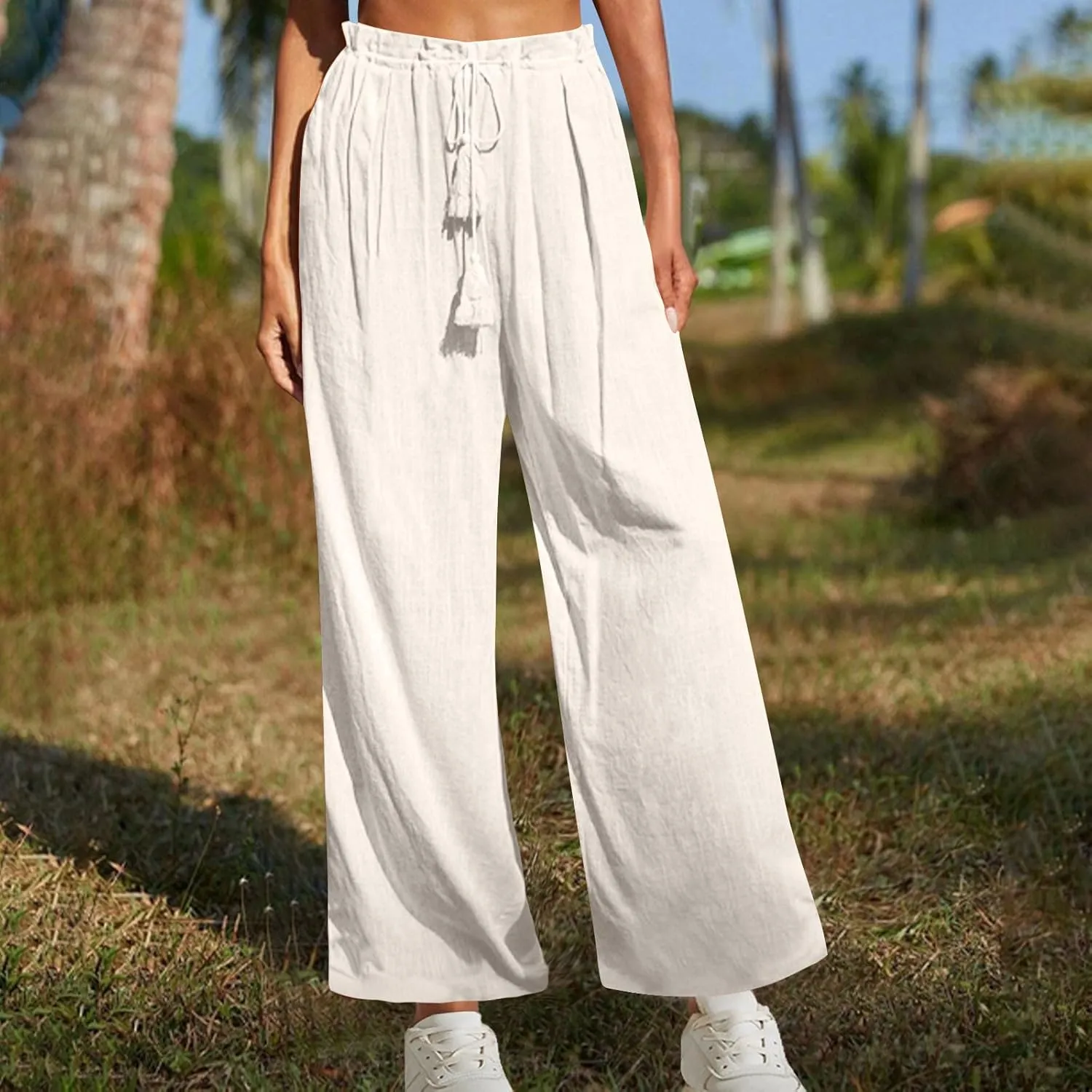 Women's Linen Pants Drawstring Elastic Waist Wide Leg Trousers Boho Beach Pants with Pockets Summer Casual Clothes