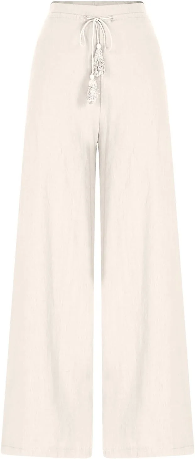 Women's Linen Pants Drawstring Elastic Waist Wide Leg Trousers Boho Beach Pants with Pockets Summer Casual Clothes