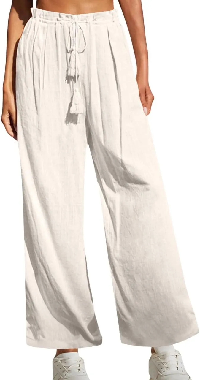 Women's Linen Pants Drawstring Elastic Waist Wide Leg Trousers Boho Beach Pants with Pockets Summer Casual Clothes
