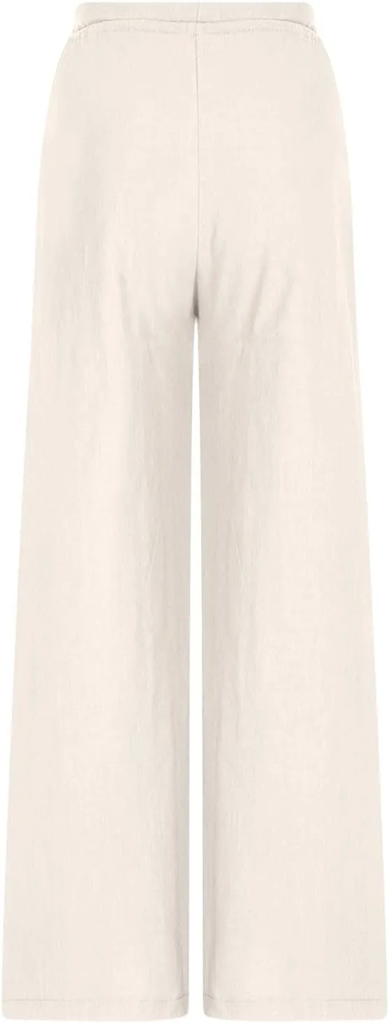 Women's Linen Pants Drawstring Elastic Waist Wide Leg Trousers Boho Beach Pants with Pockets Summer Casual Clothes