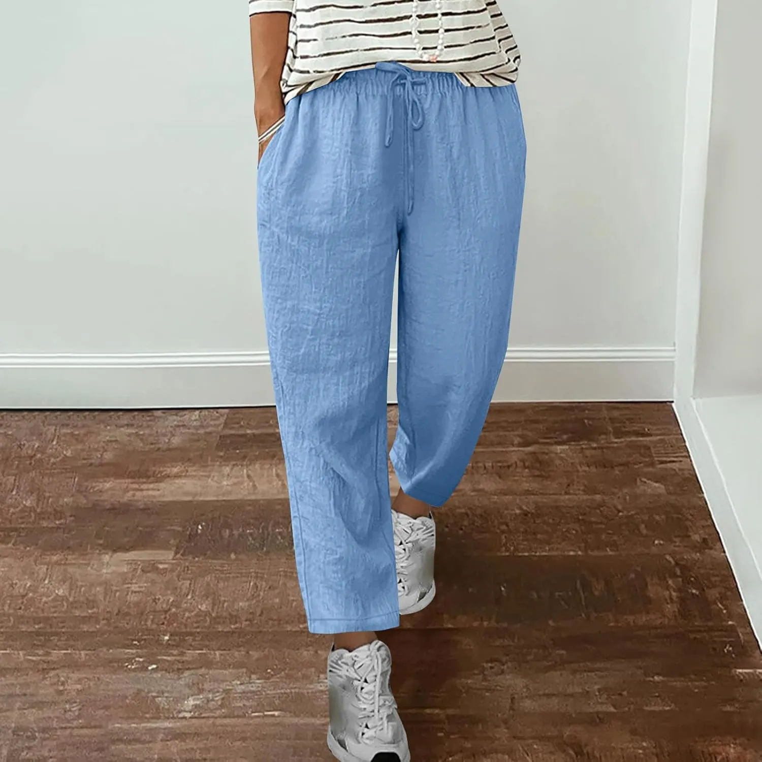 Women's Linen Pants Summer Cropped Pants Lightweight Straight Slacks Elastic Waist Casual Pant Trousers with Pockets