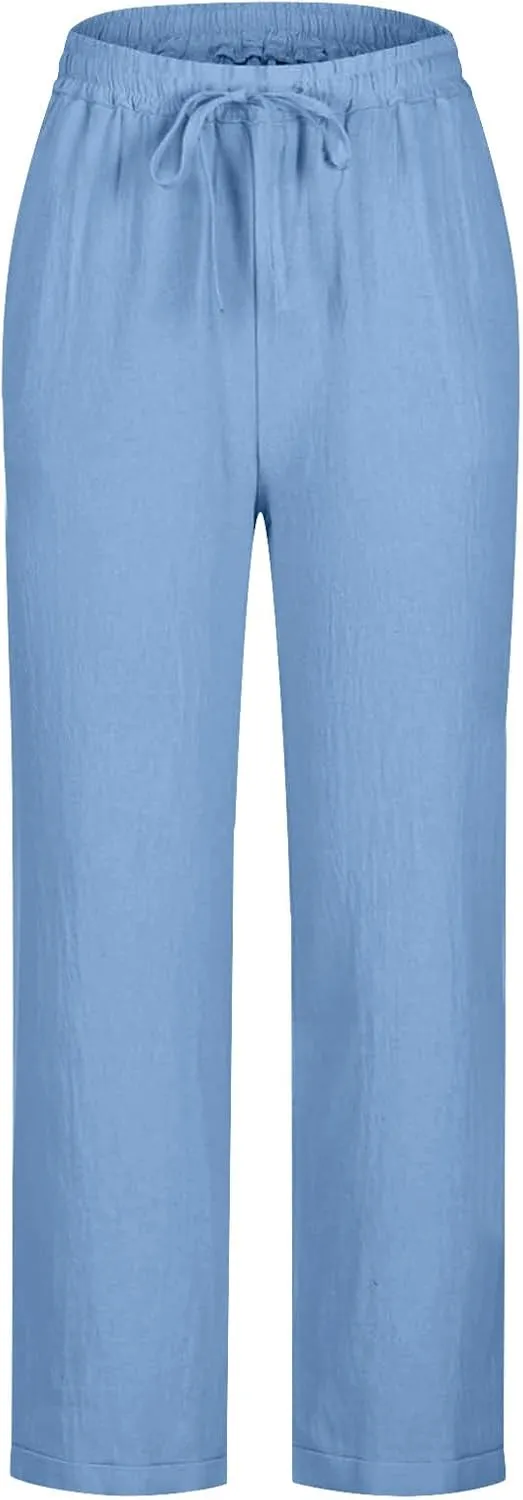 Women's Linen Pants Summer Cropped Pants Lightweight Straight Slacks Elastic Waist Casual Pant Trousers with Pockets