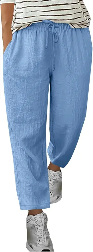 Women's Linen Pants Summer Cropped Pants Lightweight Straight Slacks Elastic Waist Casual Pant Trousers with Pockets