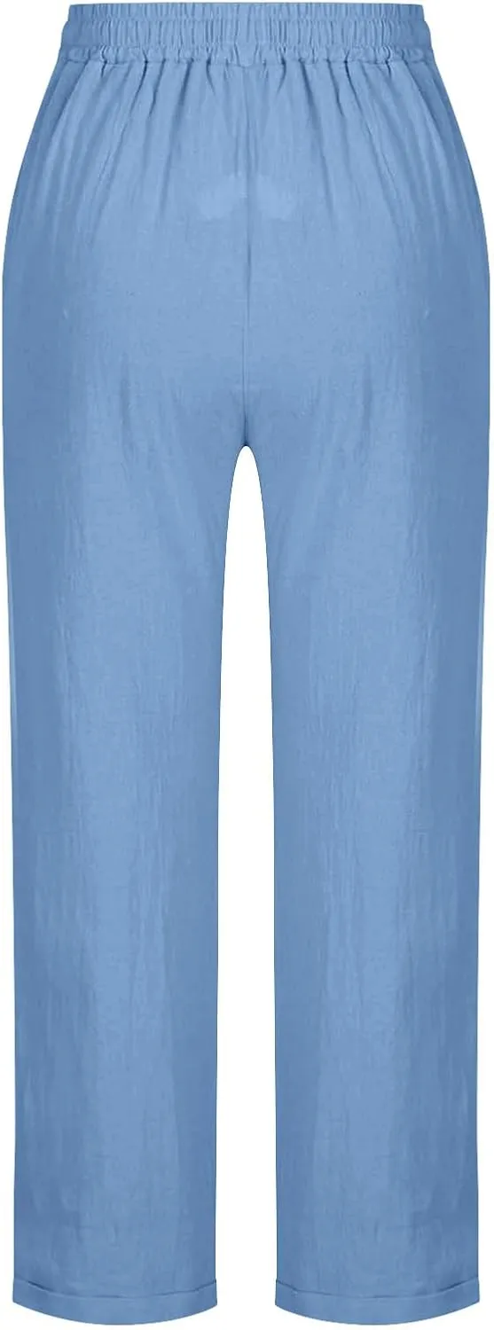 Women's Linen Pants Summer Cropped Pants Lightweight Straight Slacks Elastic Waist Casual Pant Trousers with Pockets
