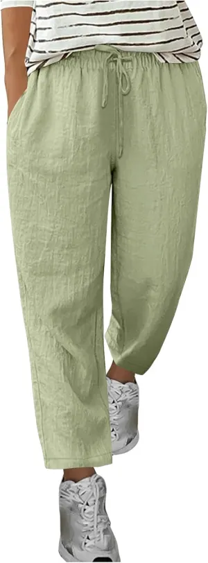 Women's Linen Pants Summer Cropped Pants Lightweight Straight Slacks Elastic Waist Casual Pant Trousers with Pockets