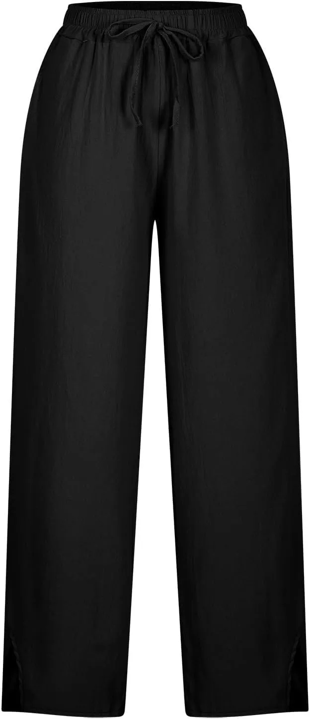 Womens Linen Pants Trendy 2025 Summer Casual Drawstring Elastic Waist Trousers Lightweight Beach Vacation Outfits