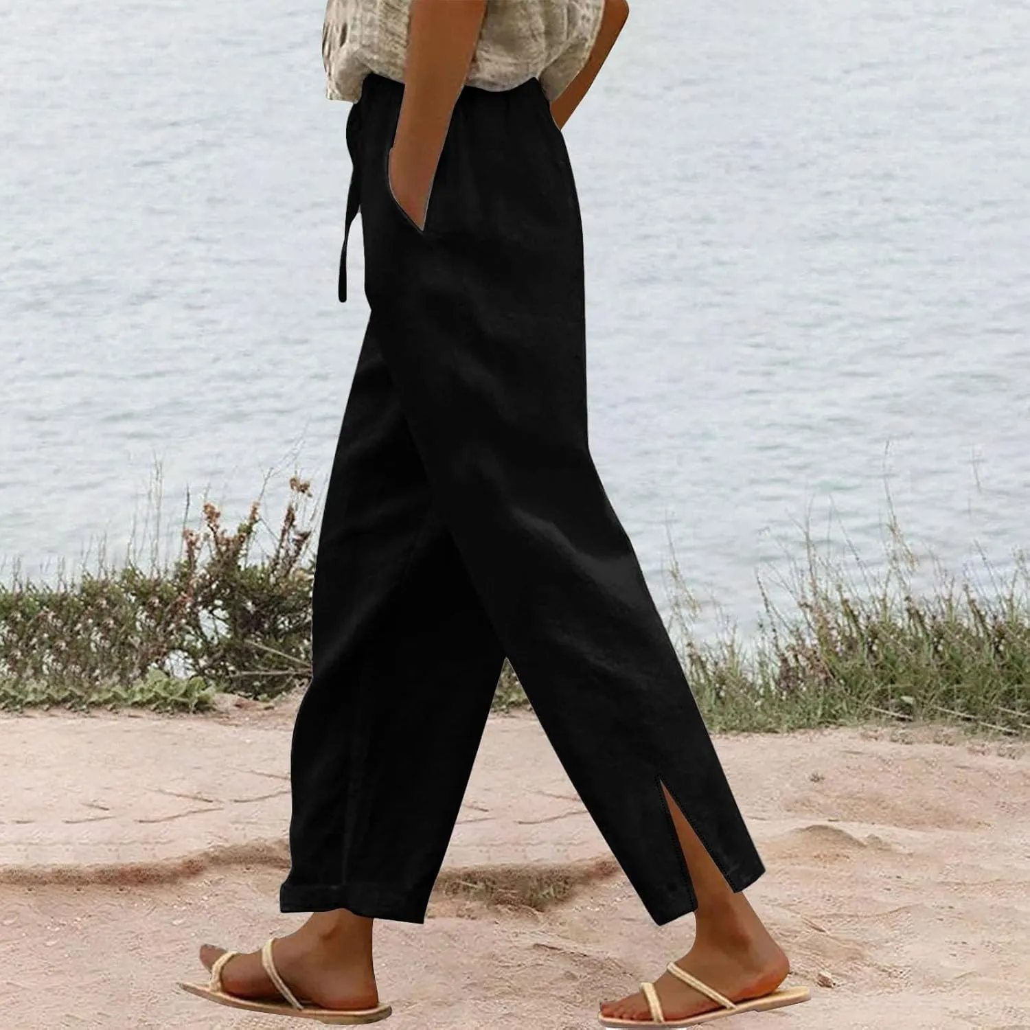 Womens Linen Pants Trendy 2025 Summer Casual Drawstring Elastic Waist Trousers Lightweight Beach Vacation Outfits