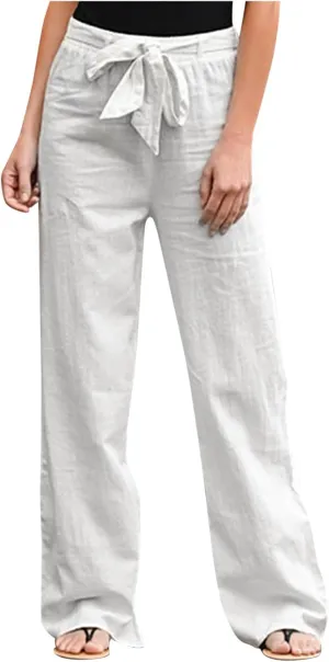 Women's Linen Summer Baggy Pants Elastic Waist Long Lounge Slim-Fit Trousers Trendy