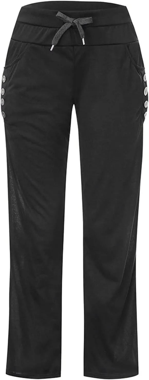 Womens Linen Summer Fashion Palazzo Lounge Pants Elastic Waist Straight Loose Fit Trouser Trendy