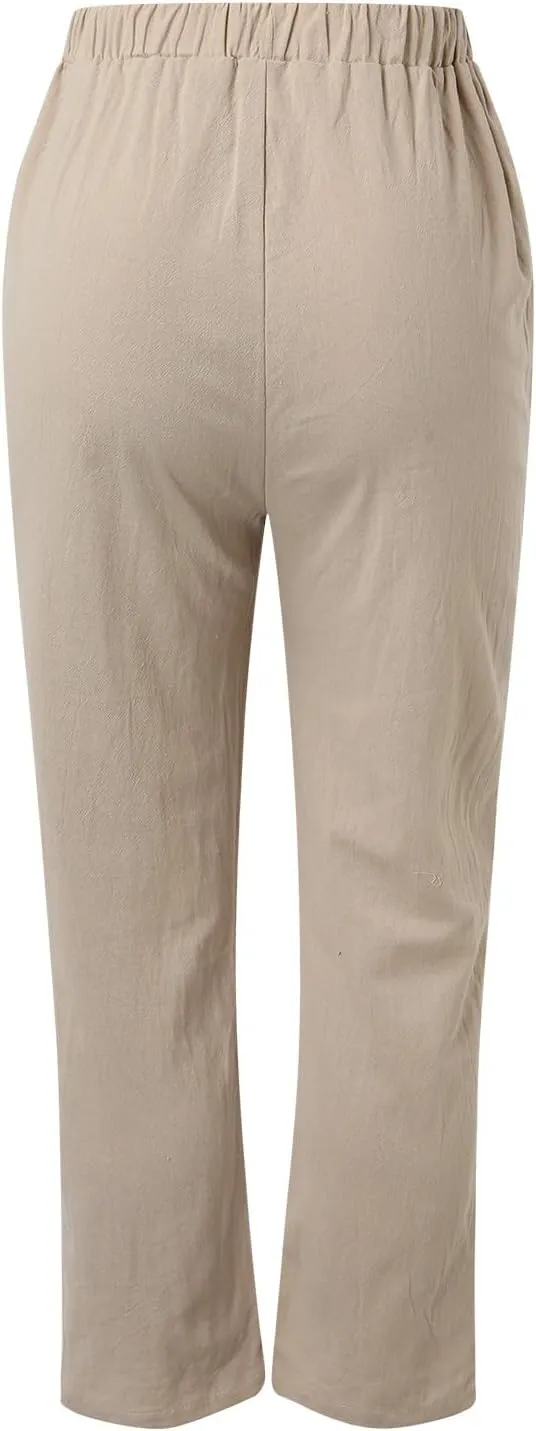 Women's Linen Summer Floral Pant Trousers Elastic Waist Wide Leg Slim-Fit Palazzo Pants Work Business