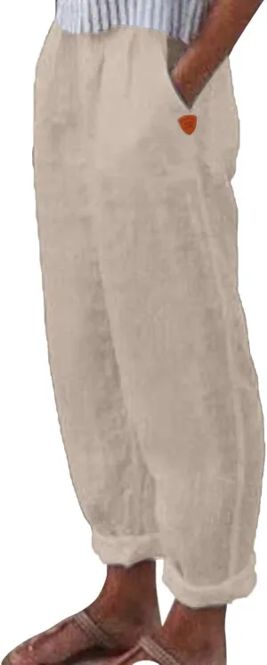 Women's Linen Summer Floral Pant Trousers Elastic Waist Wide Leg Slim-Fit Palazzo Pants Work Business
