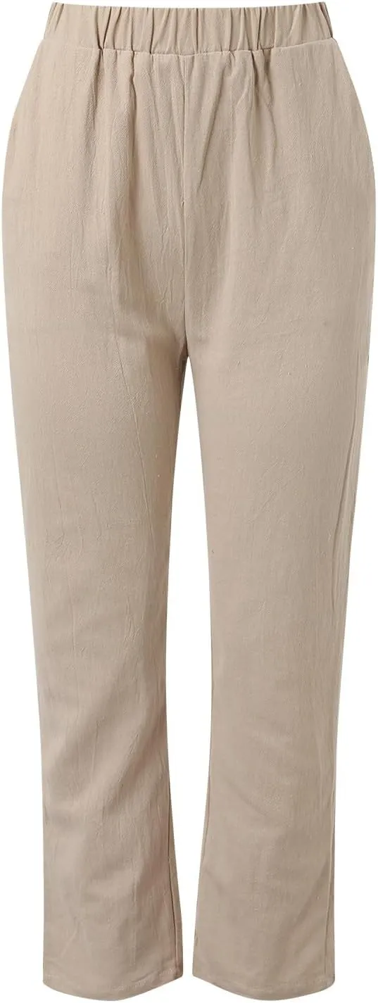 Women's Linen Summer Floral Pant Trousers Elastic Waist Wide Leg Slim-Fit Palazzo Pants Work Business