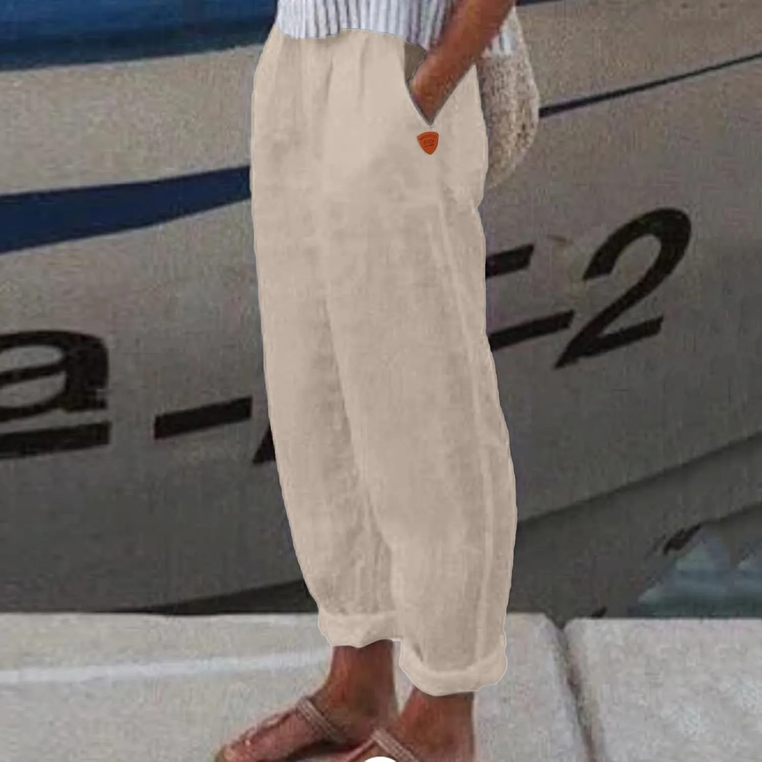Women's Linen Summer Floral Pant Trousers Elastic Waist Wide Leg Slim-Fit Palazzo Pants Work Business