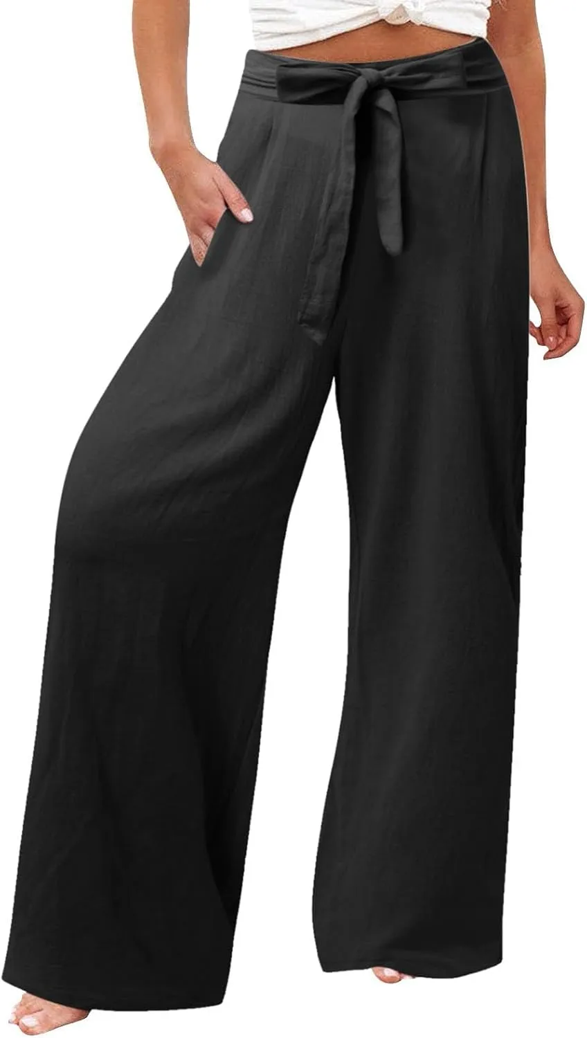 Womens Linen Summer Flowy Pants Elastic Waist Lounge Pants Slim Fit Trouser Travel