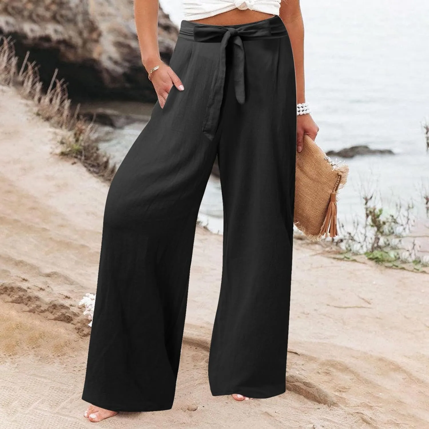 Womens Linen Summer Flowy Pants Elastic Waist Lounge Pants Slim Fit Trouser Travel