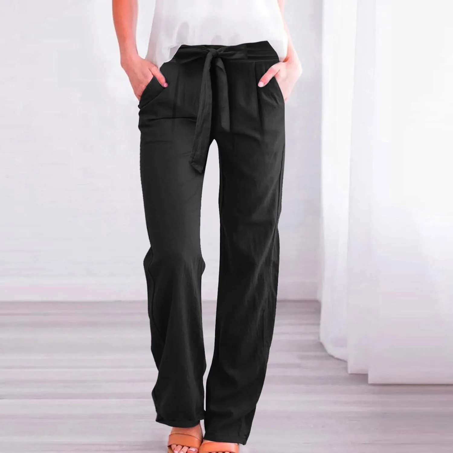 Womens Linen Summer Flowy Pants Elastic Waist Lounge Pants Slim Fit Trouser Travel