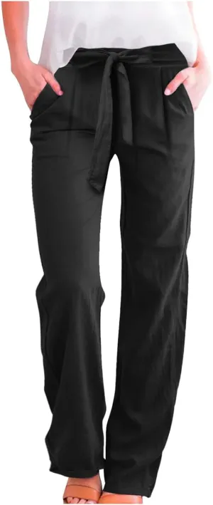 Womens Linen Summer Flowy Pants Elastic Waist Lounge Pants Slim Fit Trouser Travel