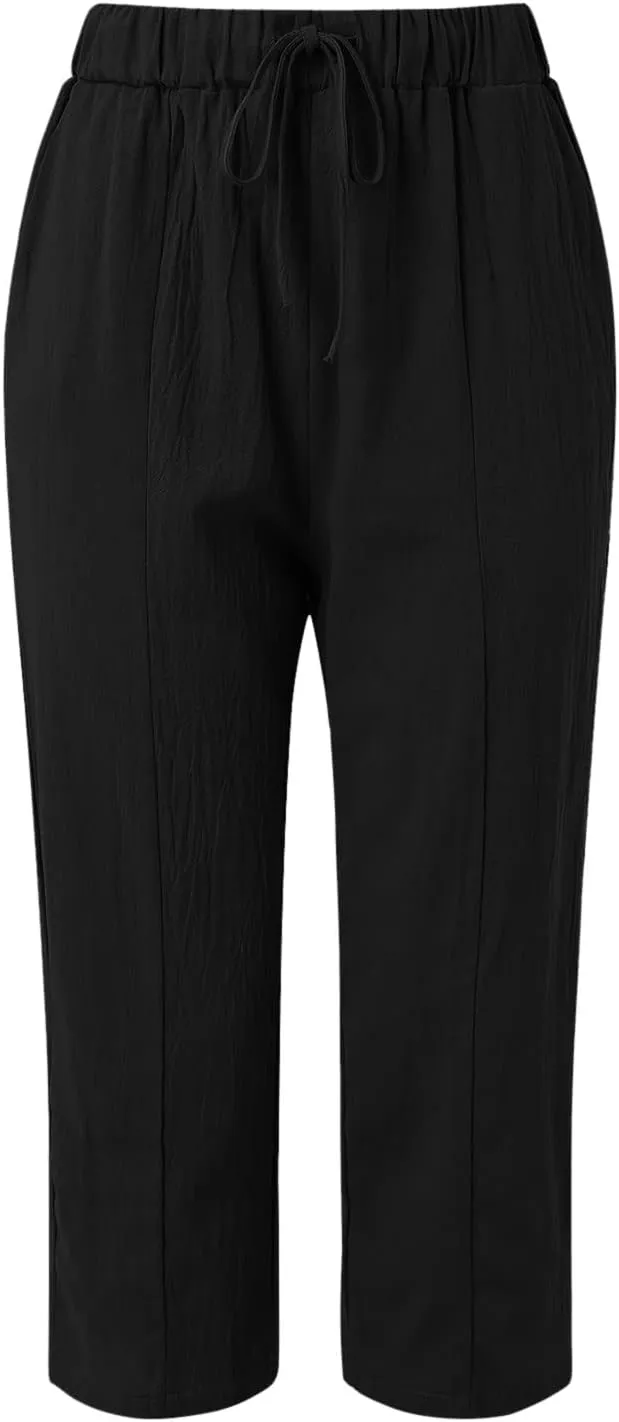 Women's Linen Summer Solid Palazzo Pants Elastic Waist Wide Leg Plus Size Trouser Travel