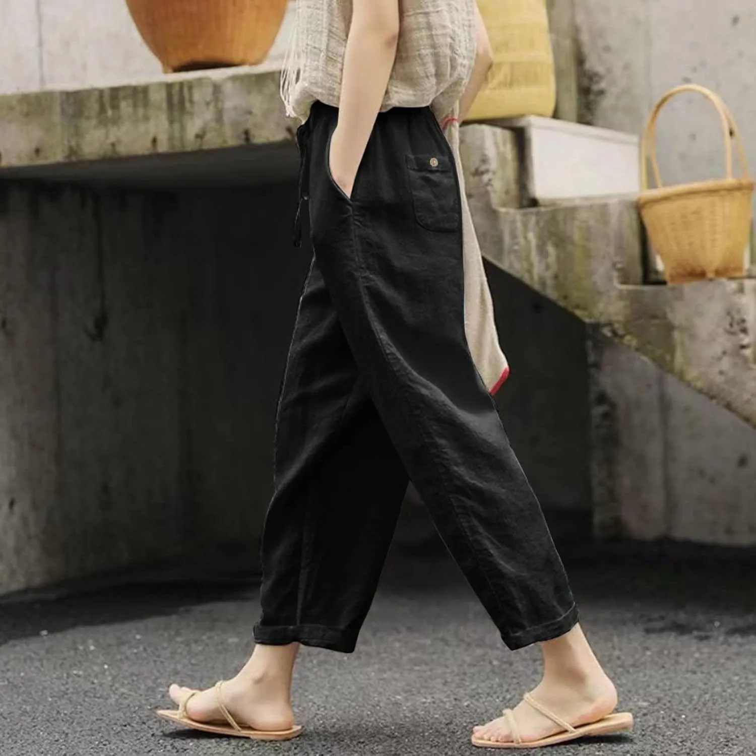 Women's Linen Summer Solid Palazzo Pants Elastic Waist Wide Leg Plus Size Trouser Travel