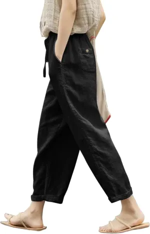 Women's Linen Summer Solid Palazzo Pants Elastic Waist Wide Leg Plus Size Trouser Travel