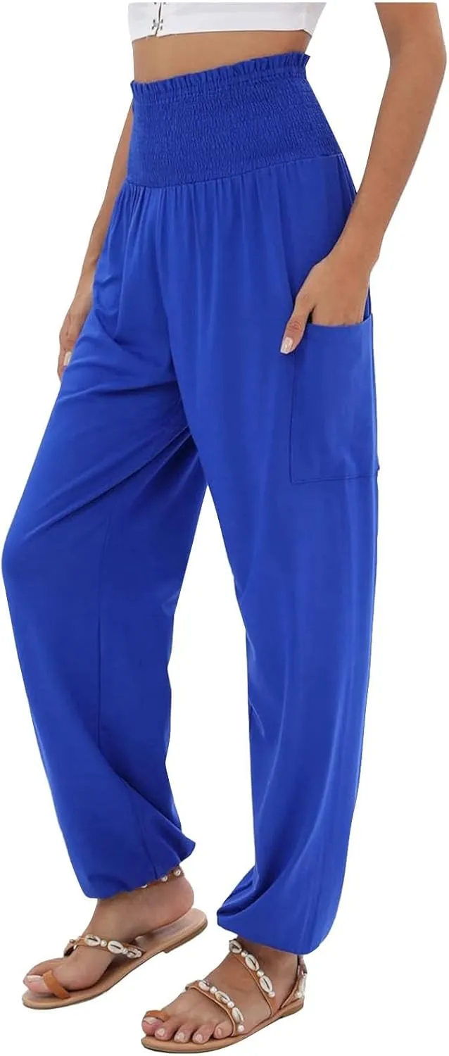 Women's Linen Summer Striped Palazzo Lounge Pants Elastic Waist Wide Leg Loose Fit Pant Trousers Office