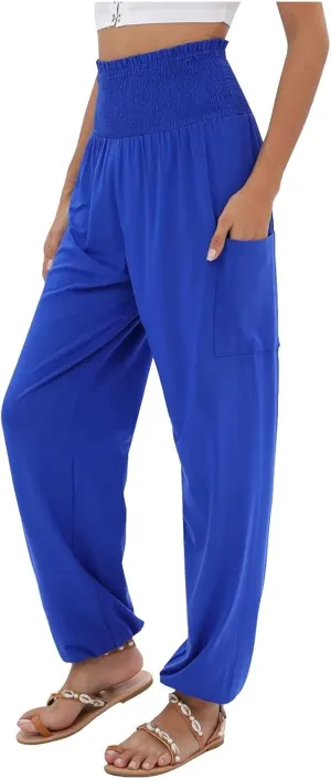 Women's Linen Summer Striped Palazzo Lounge Pants Elastic Waist Wide Leg Loose Fit Pant Trousers Office