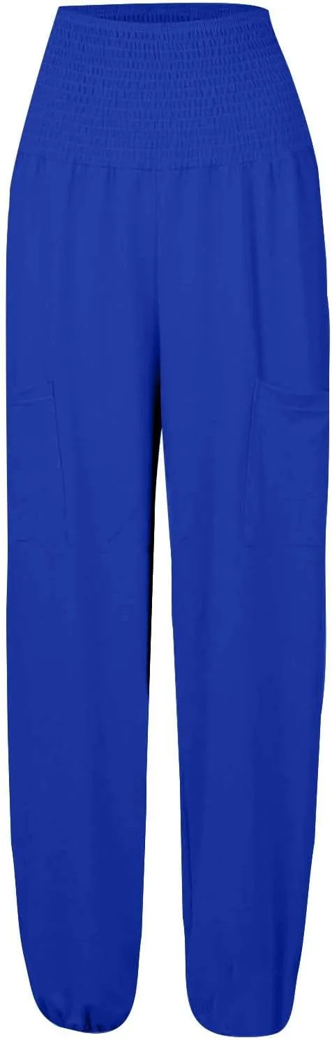 Women's Linen Summer Striped Palazzo Lounge Pants Elastic Waist Wide Leg Loose Fit Pant Trousers Office